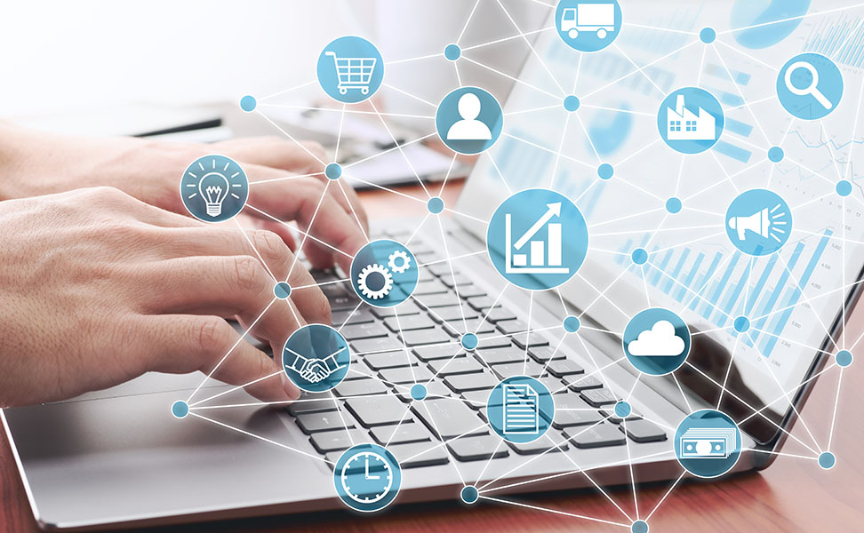 Businessman using laptop for analyzing data. Enterprise resource planning concept. 
Business structure and many business icons.